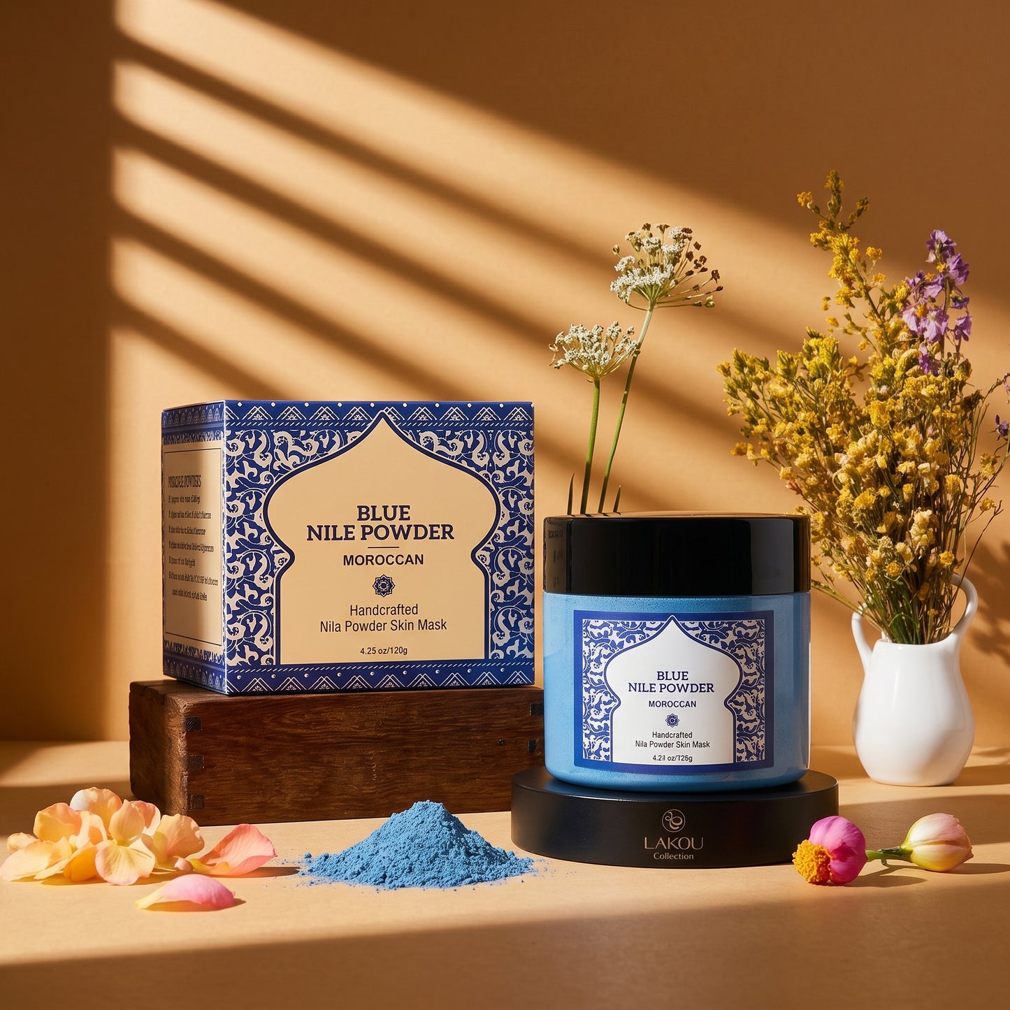 Moroccan blue Nila powder for even skin tone on elbows and knees
